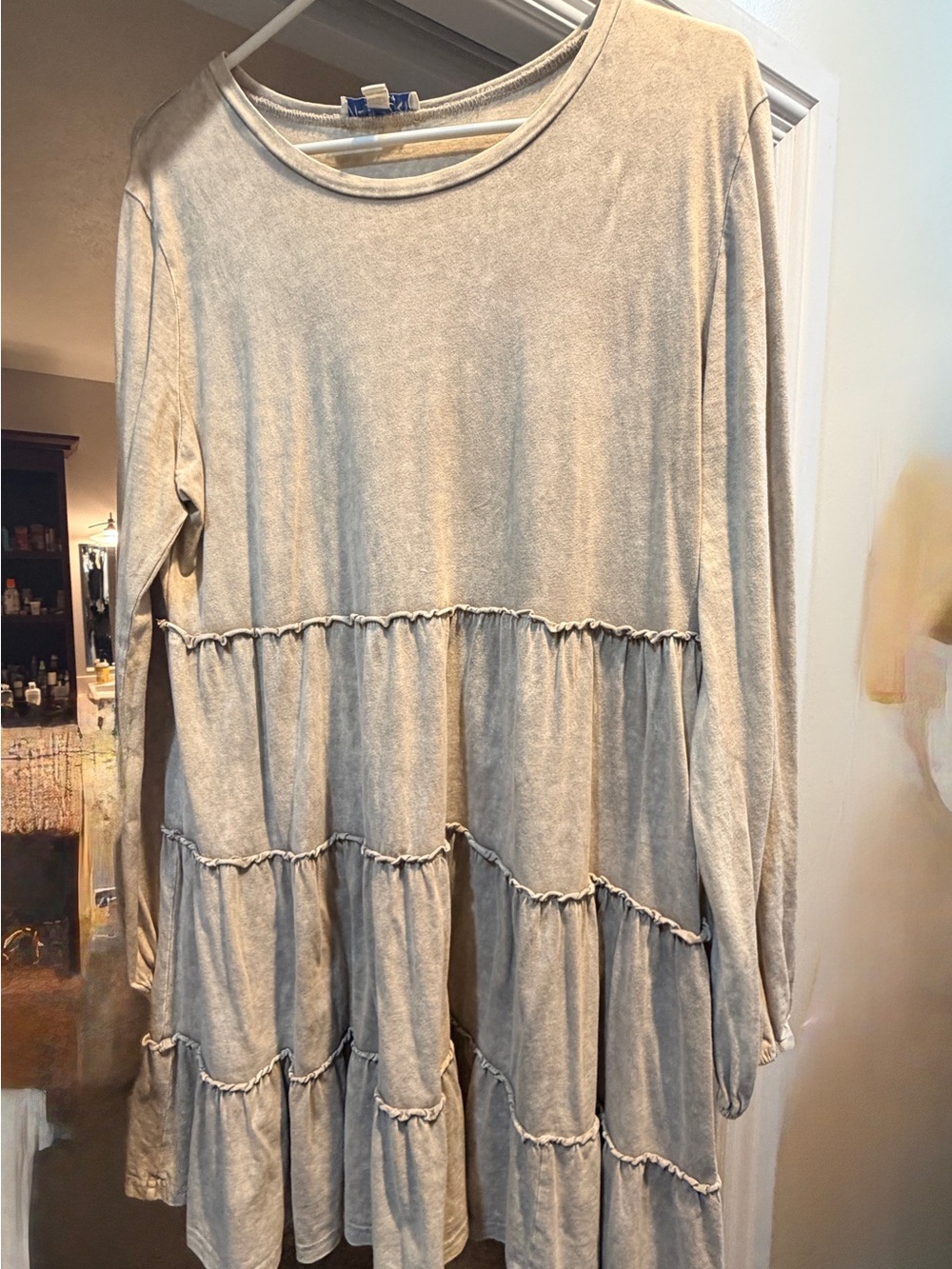 She + Sky Long Sleeve Tiered Tunic in Light Taupe Beige